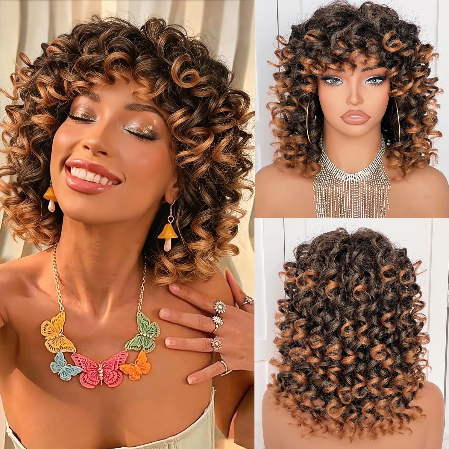Short Curly Wigs for Women with Bangs Big Bouncy Fluffy Kinky Curly Wig Soft …