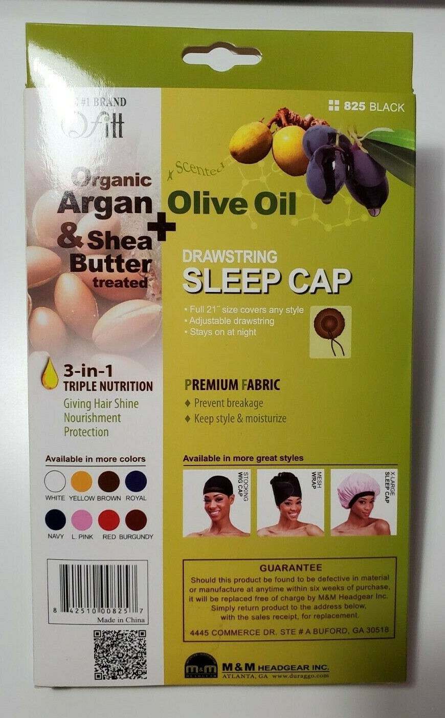 Qfitt Organic Argan & Shea Butter + Olive Oil Drawstring Sleep Cap 825 Black