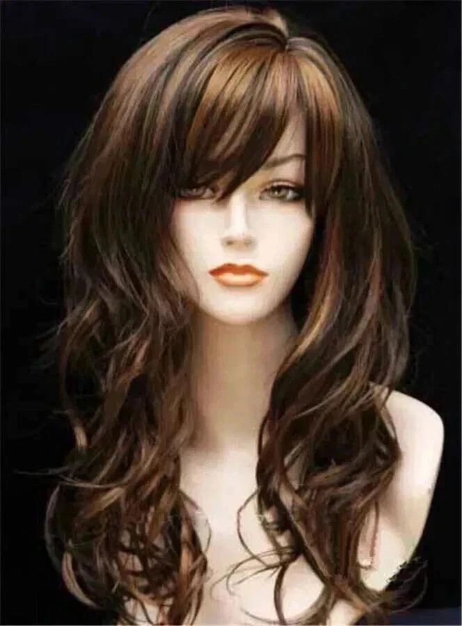 Real Human Hair New Fashion Long Natural Brown Wavy Women’s Full Wigs 24 In