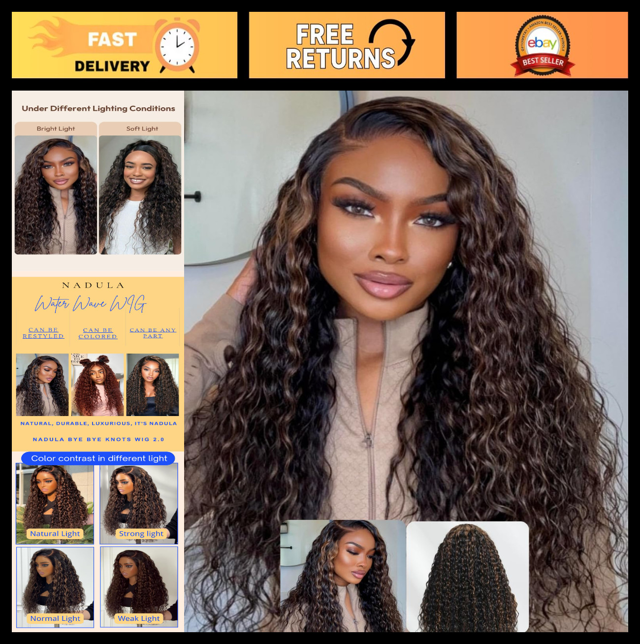 Glueless Water Wave Wig with Golden Brown Highlights, 7X5 HD Lace Front, 150% De