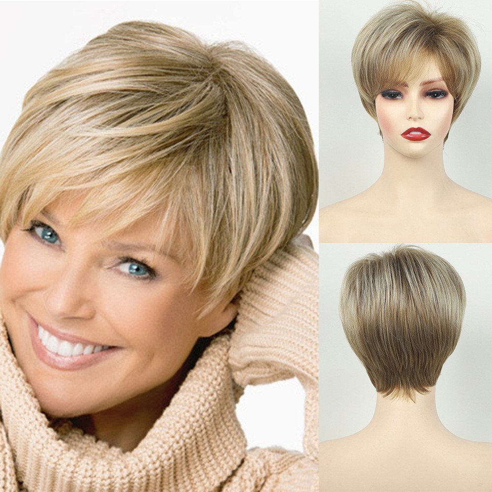 Women’s Short Layered Blonde Mix Synthetic Wig with Bangs for Daily Wear