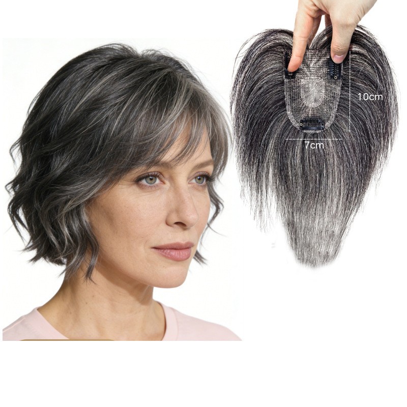 Short Grey Fluffy Wavy Curly Hair Wiglet Topper Human Hair Replacement for Women