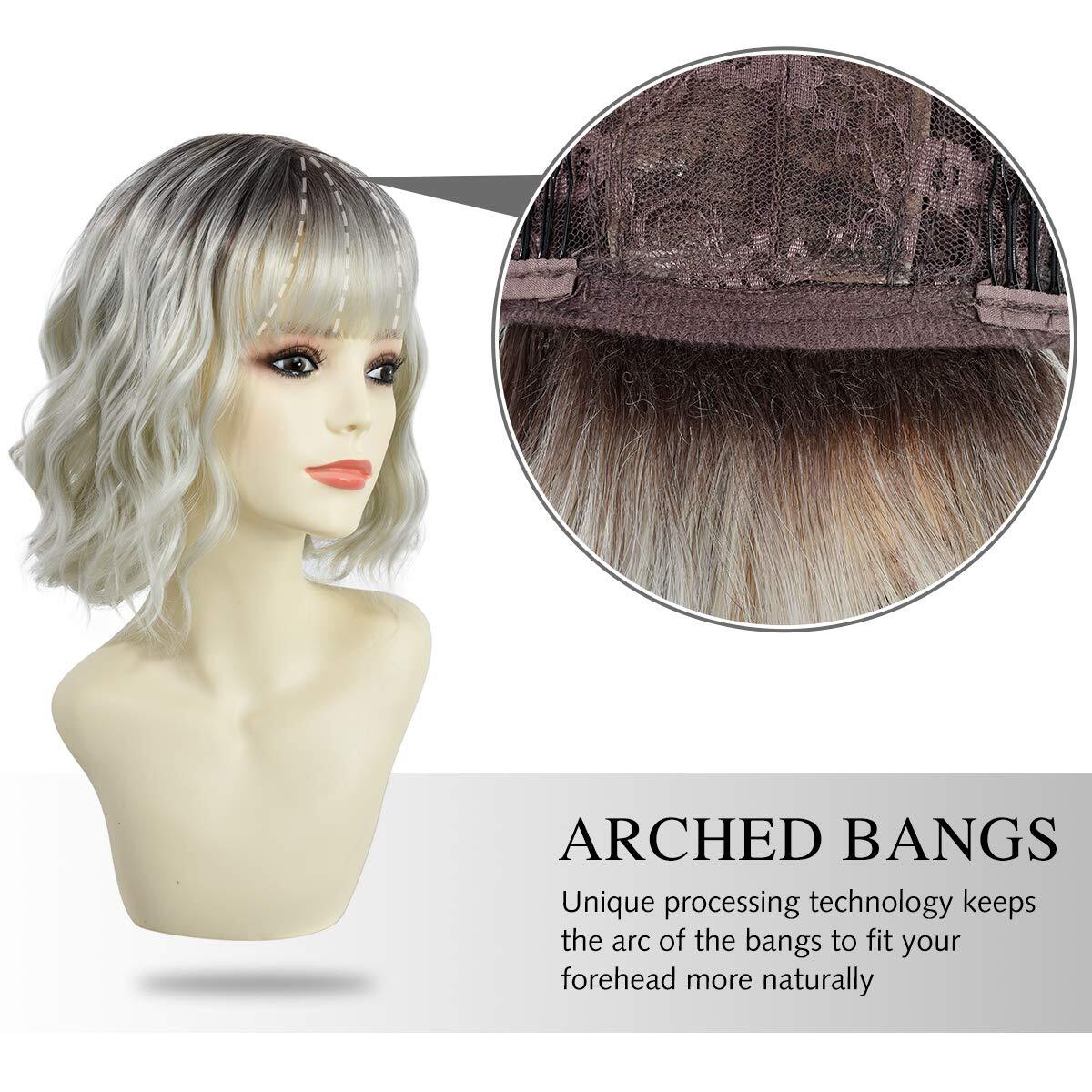 Medium Wavy Bob Wig with Bangs Natural Ombre Silver Wig Synthetic Hair Shoulder