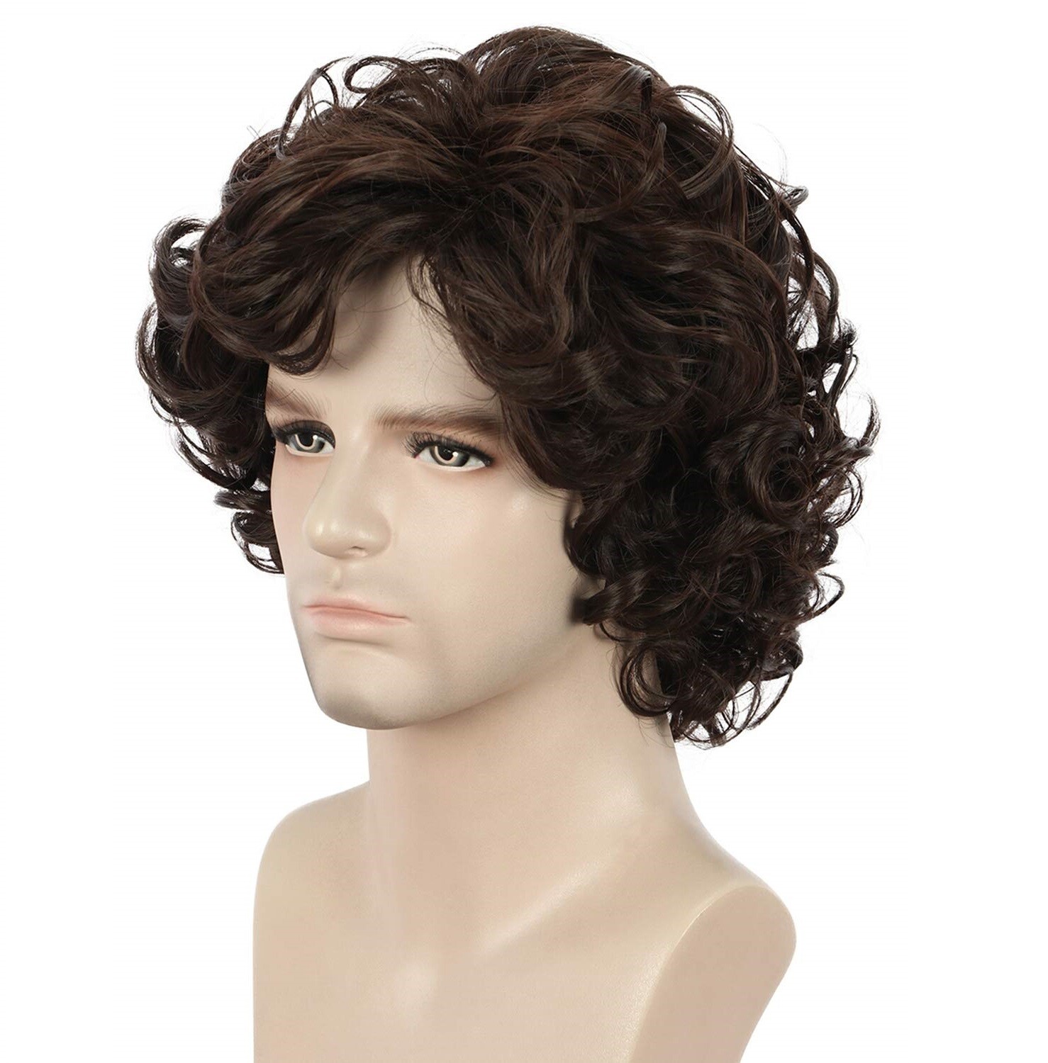 Men Brown Short Curly Wig Fluffy Synthetic Fiber Hair Wigs for Men Daily Wig US