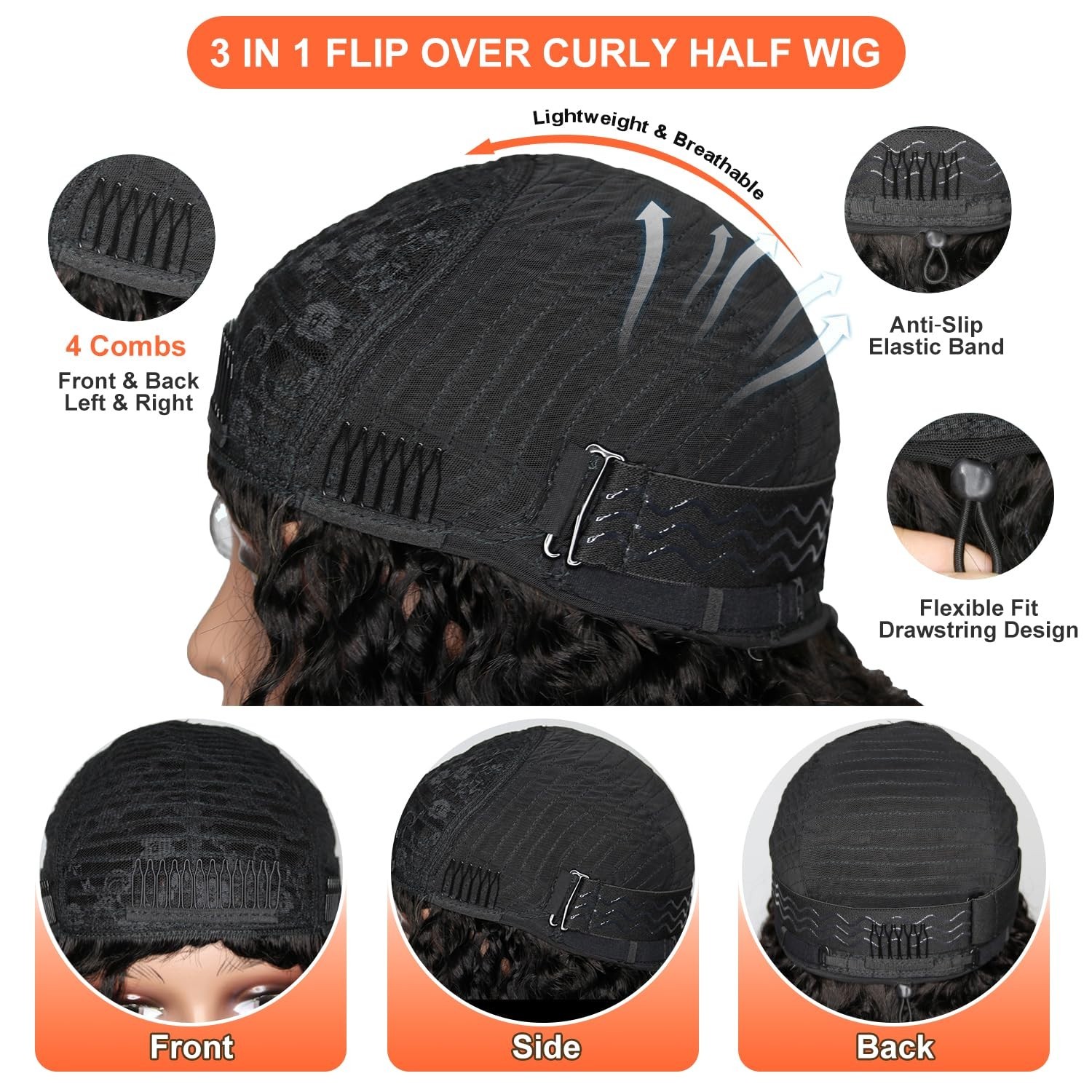 220% Density 18″ Burmese Curly Half Wig – 100% Human Hair, Glueless Clip-Ins, Ea