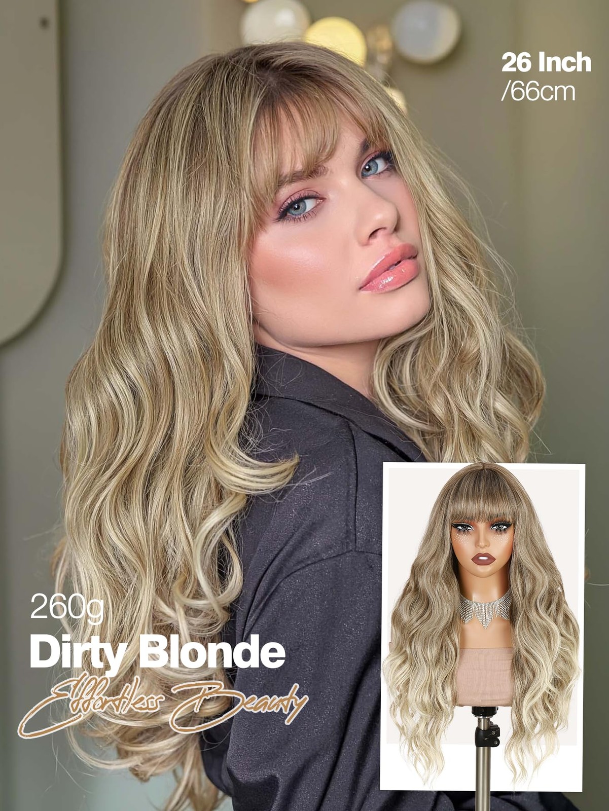 Dirty Blonde Wig with Bangs Long Curly Wavy Wig with Blunt Bangs for Women 26…