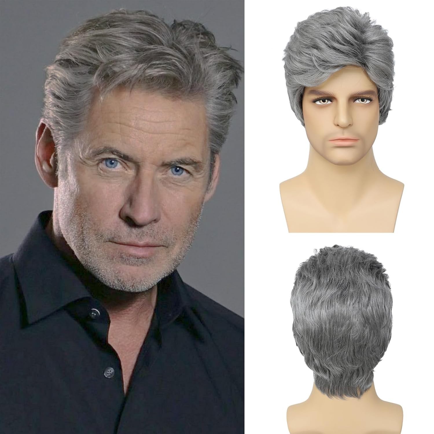 Grey Men’s Wig,Old Man Wig Side Part Heat Resistant Natural Layered Synthetic…