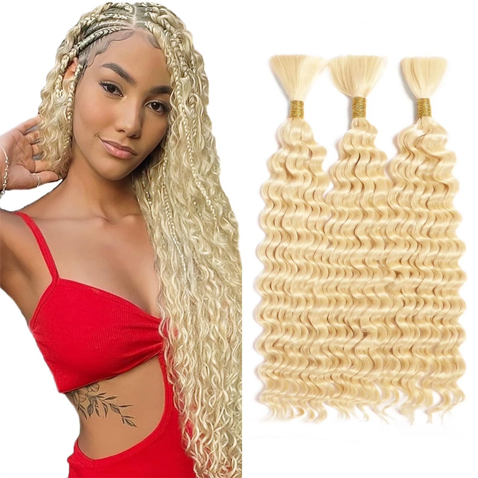Auokmar 20 20 20 Inch 613 Blonde Human Braiding Hair Deep Wave Bulk Blonde Deep