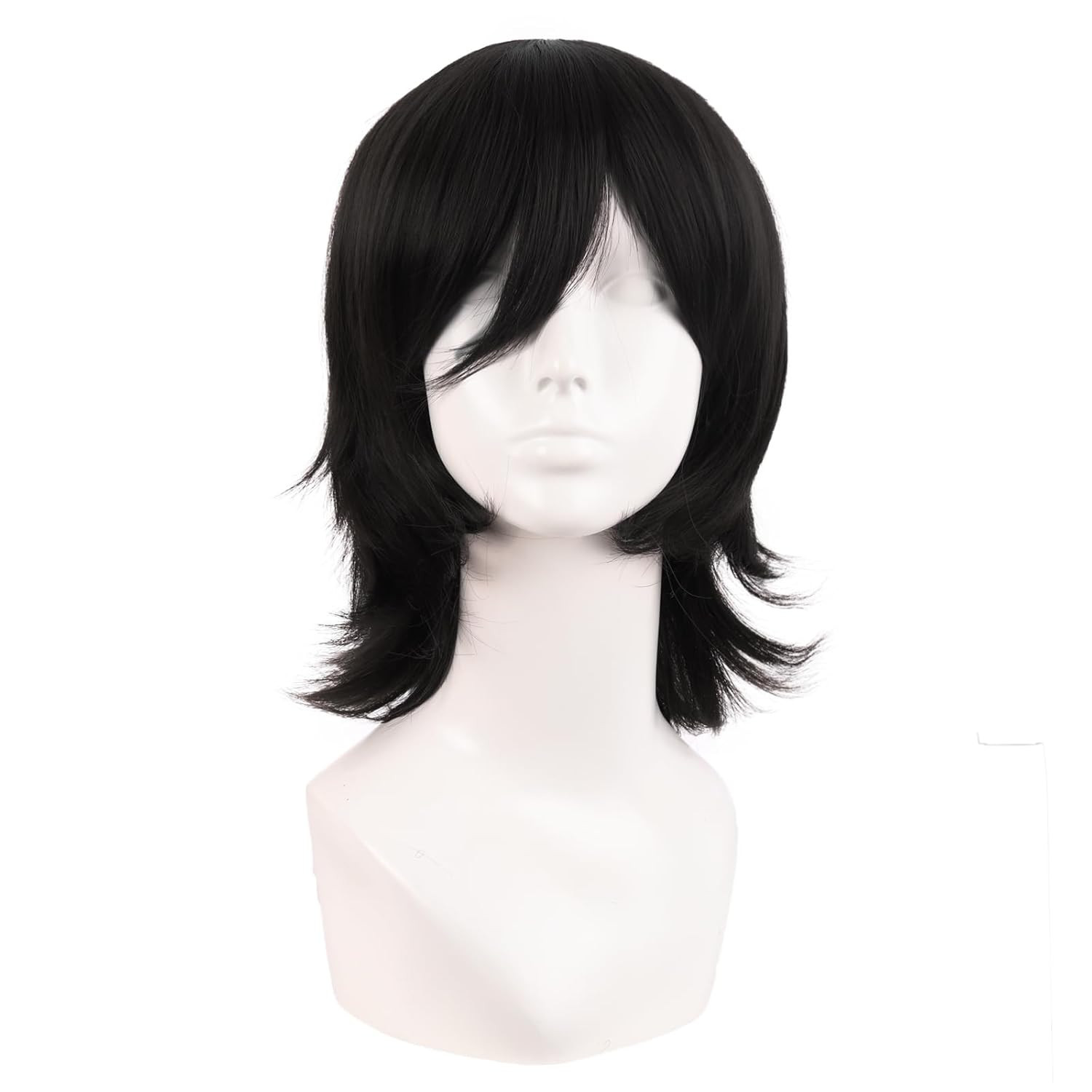 14 Inch/35 Cm Short Cosplay Wolf Tail Synthetic Side Bangs Party Wig (Black)