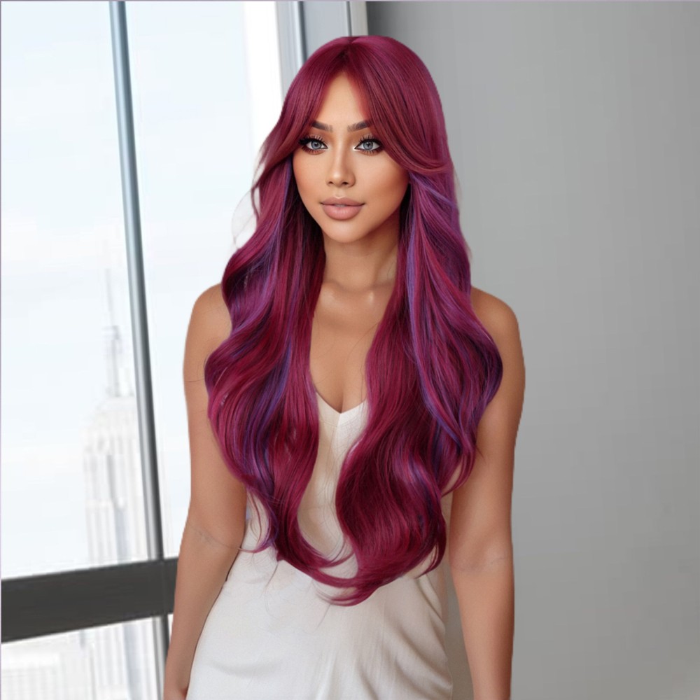 28inch Woman Girls Daily Use Hair Styling Wine-Red Wavy Hair Cosplay Wigs
