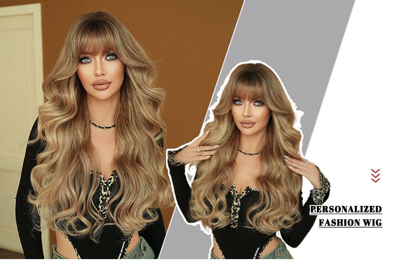 Ombre Blonde Long Curly Wig with Bangs Synthetic Wavy Hair Wigs for Women 27.5″