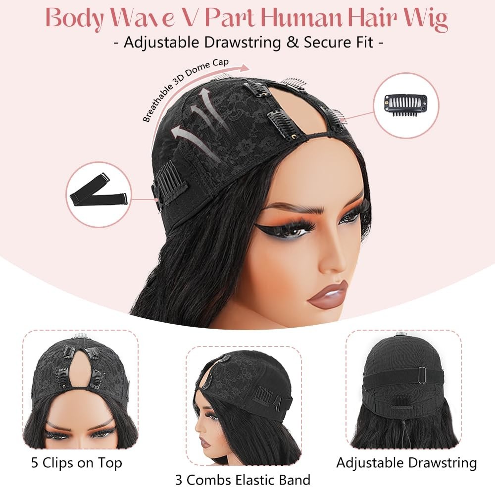 18 Inch Body Wave V Part Wig – 180% Density Glueless Half Wig, Natural Black, Ea