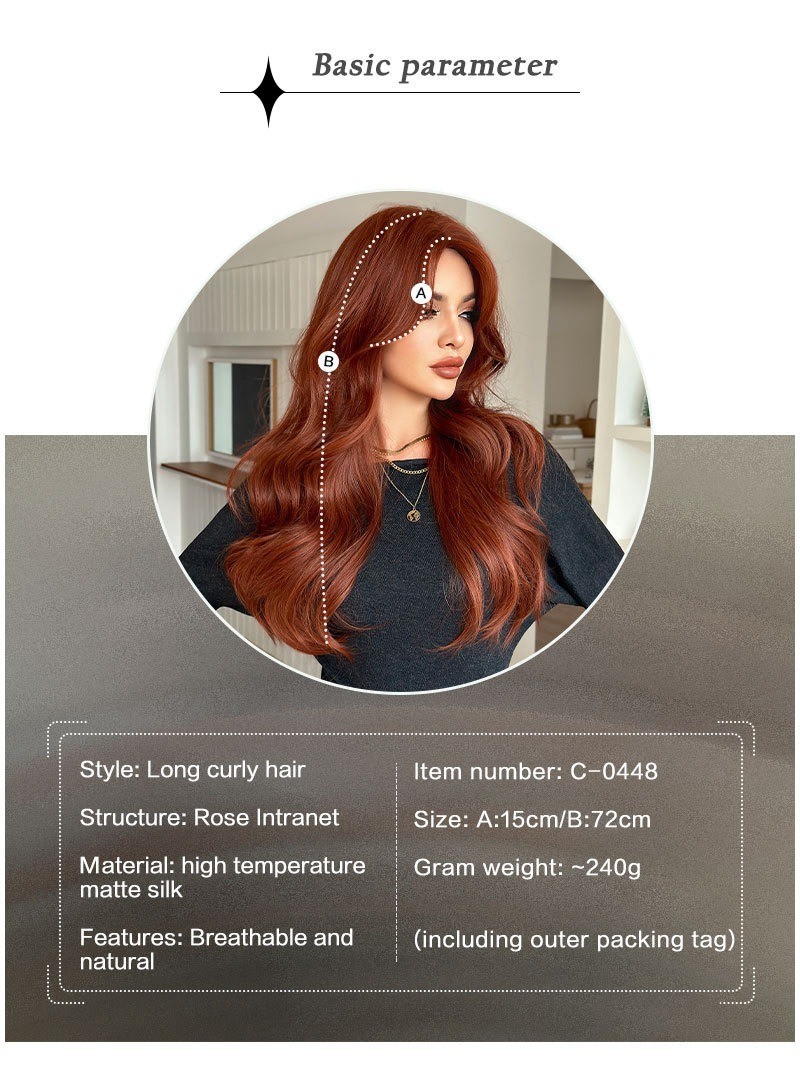 Wig with orange-red curly bangs long hair big waves fluffy texture