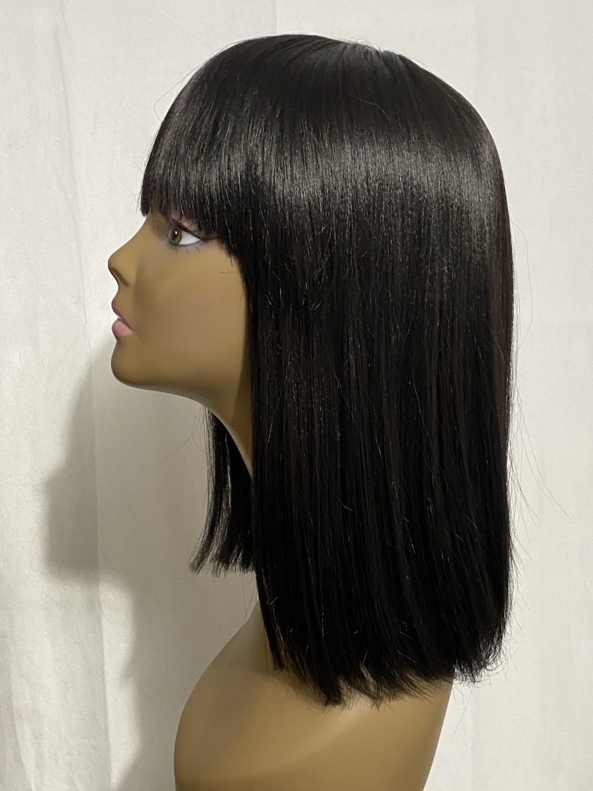 12 Inch Short Straight Yaki Bob Wig With Bangs Synthetic Non-Lace Black New