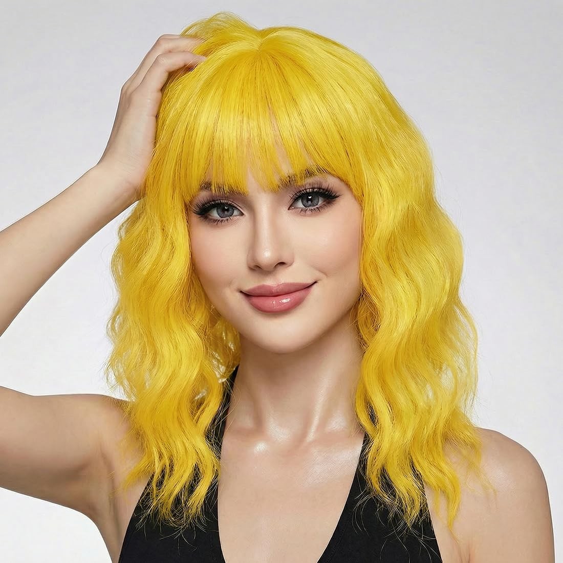 Pastel Brown Wavy Bob Wig Women, Short Shoulder Length Synthetic Wig with Bangs