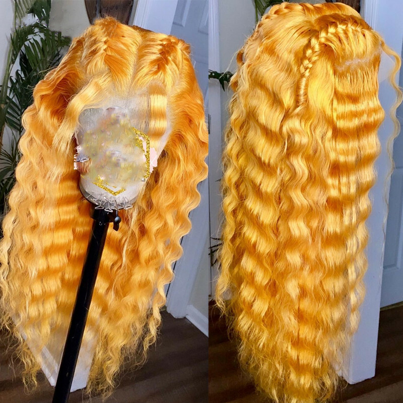 Long Deep Curly Synthetic Wigs Yellow Orange Lace Front Wig Natural Heat Safe