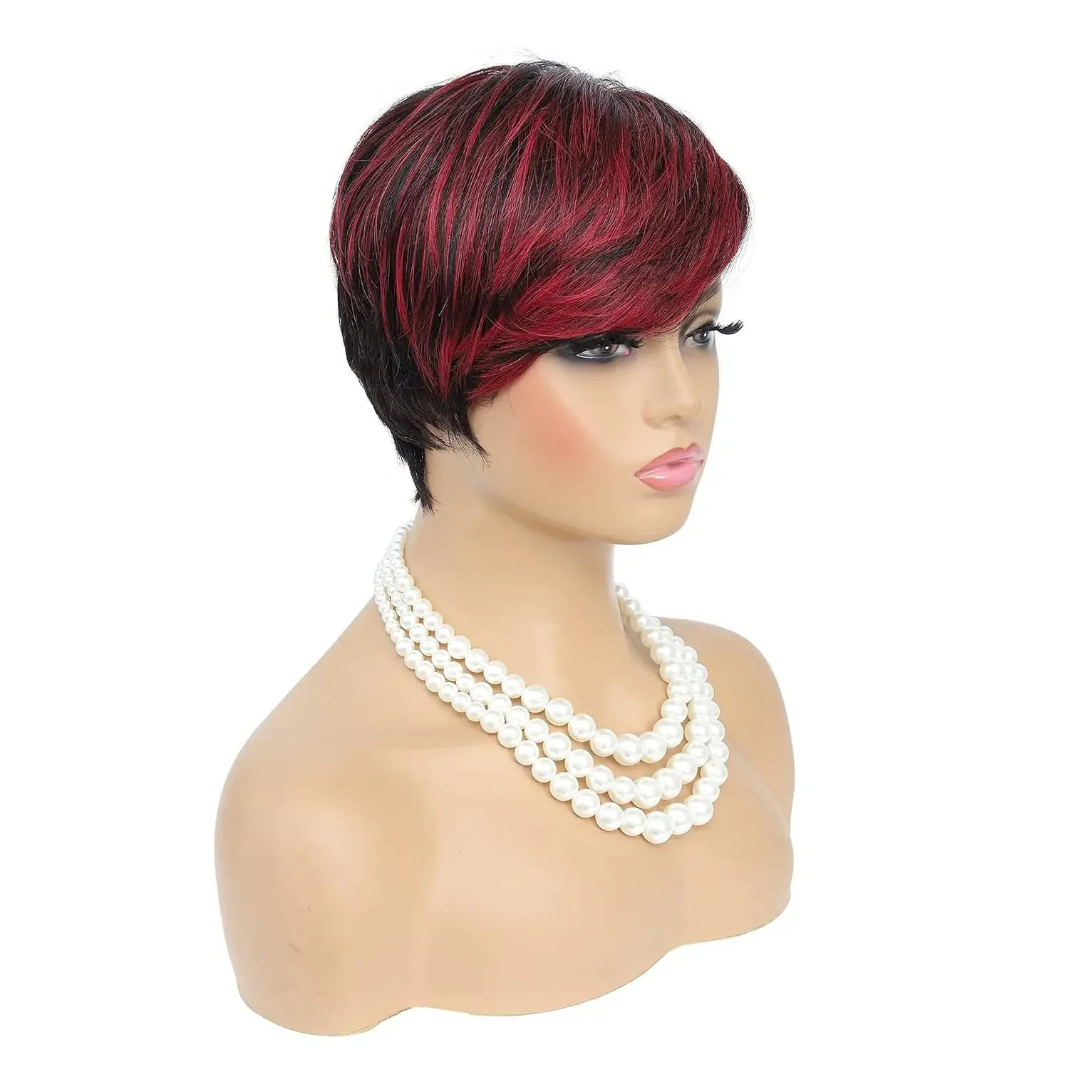 Short Pixie Cut Wig Black Red Curly Synthetic Wig Women