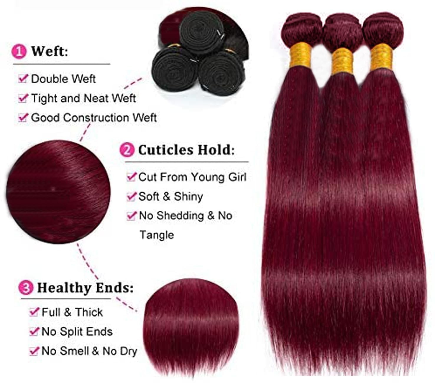 Xddnamei Augfst Virgin Weave Human Hair Bundles 300G 99J-Burgundy-Straight Wave