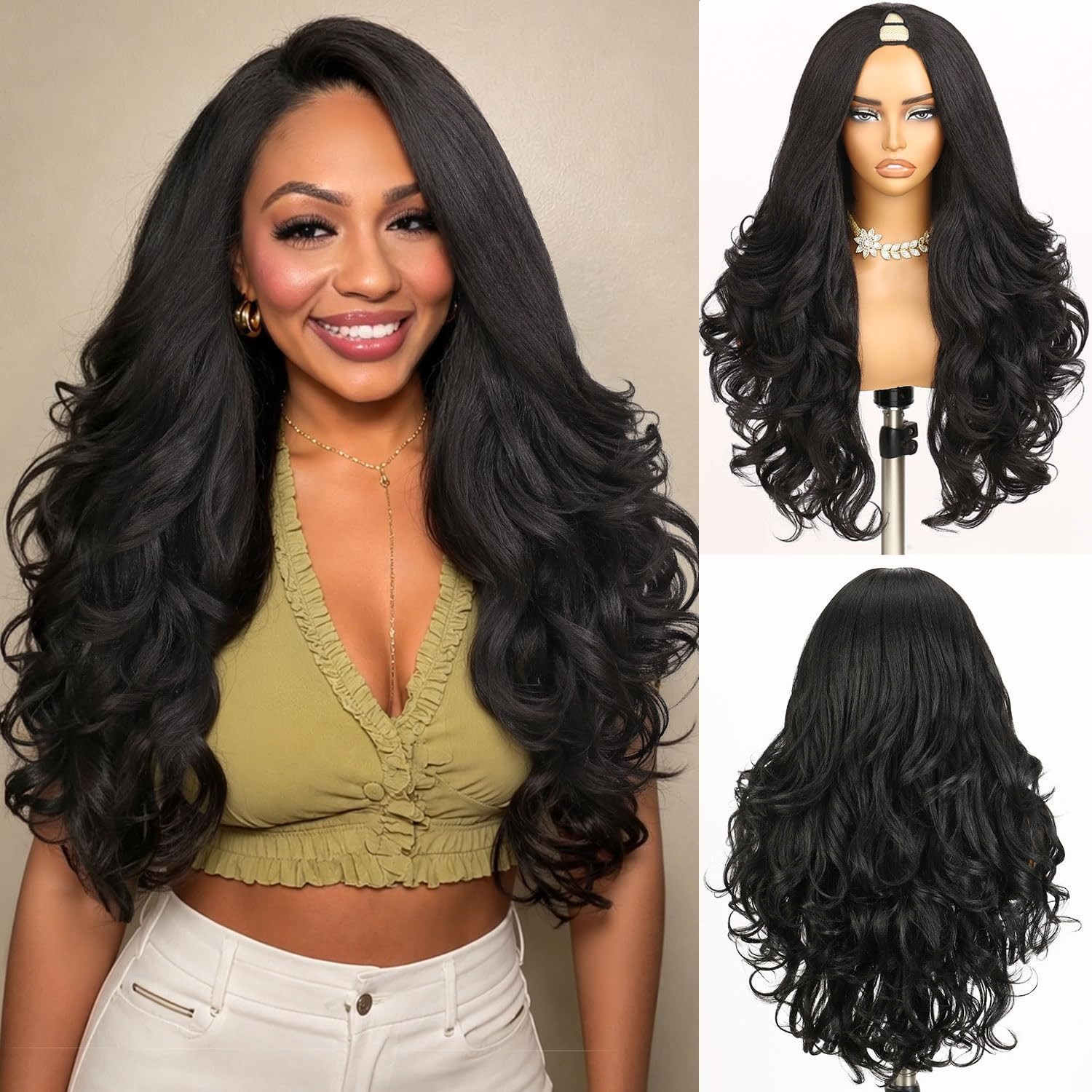 Yaki Wavy V Part Synthetic Long Half Wig for Black Women 26 Inch Body Wave