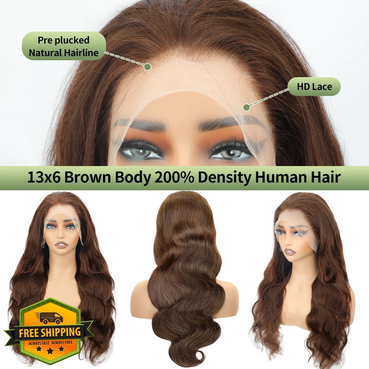 QBRVP 22 Inch Chocolate Brown Lace Front Wig