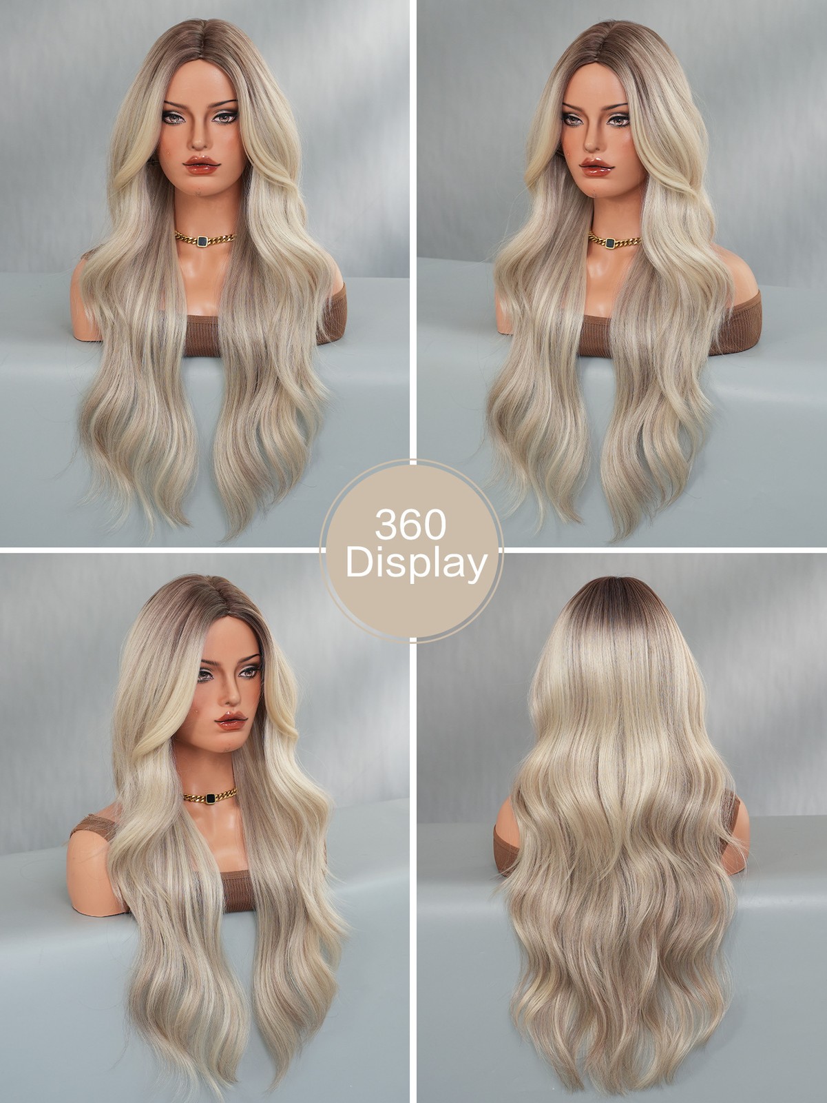 Long Wavy Ombre Beige Ash Blonde Middle Part Wig with Curtain Bangs for Women