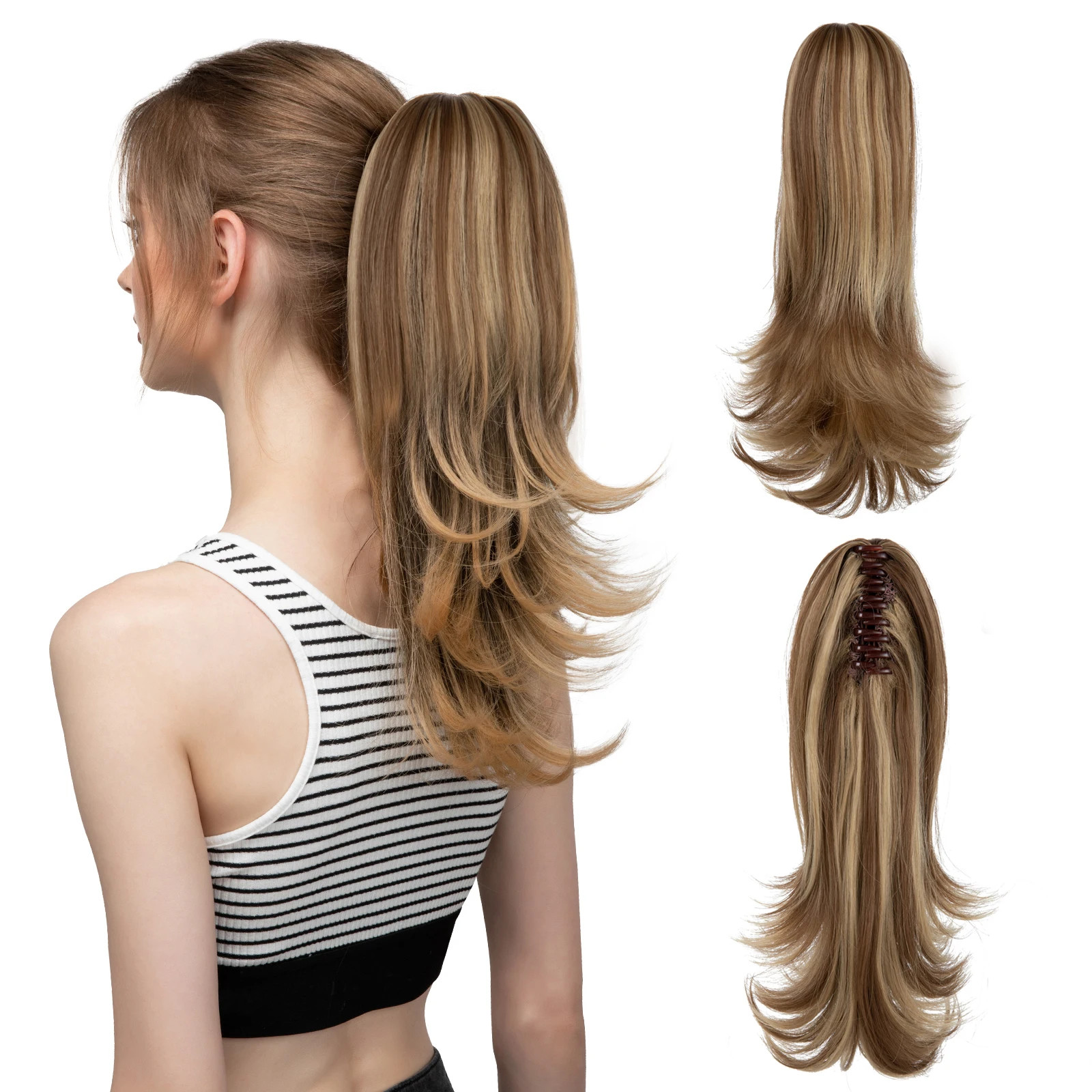 14 Inch Synthetic Claw Clip Ponytail Extensions Wavy Blonde Black Hair