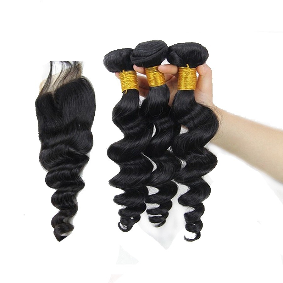 Natural Black Loose Wave Human hair 3Bundles With 4*4 Free Part Closure