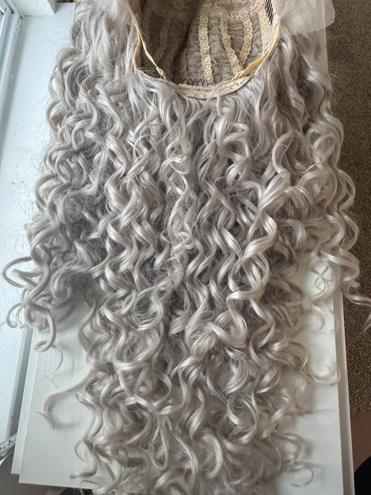 Lace Front Long Curly Gray/Silver Synthetic Wig Adjustable Strap Free-Part