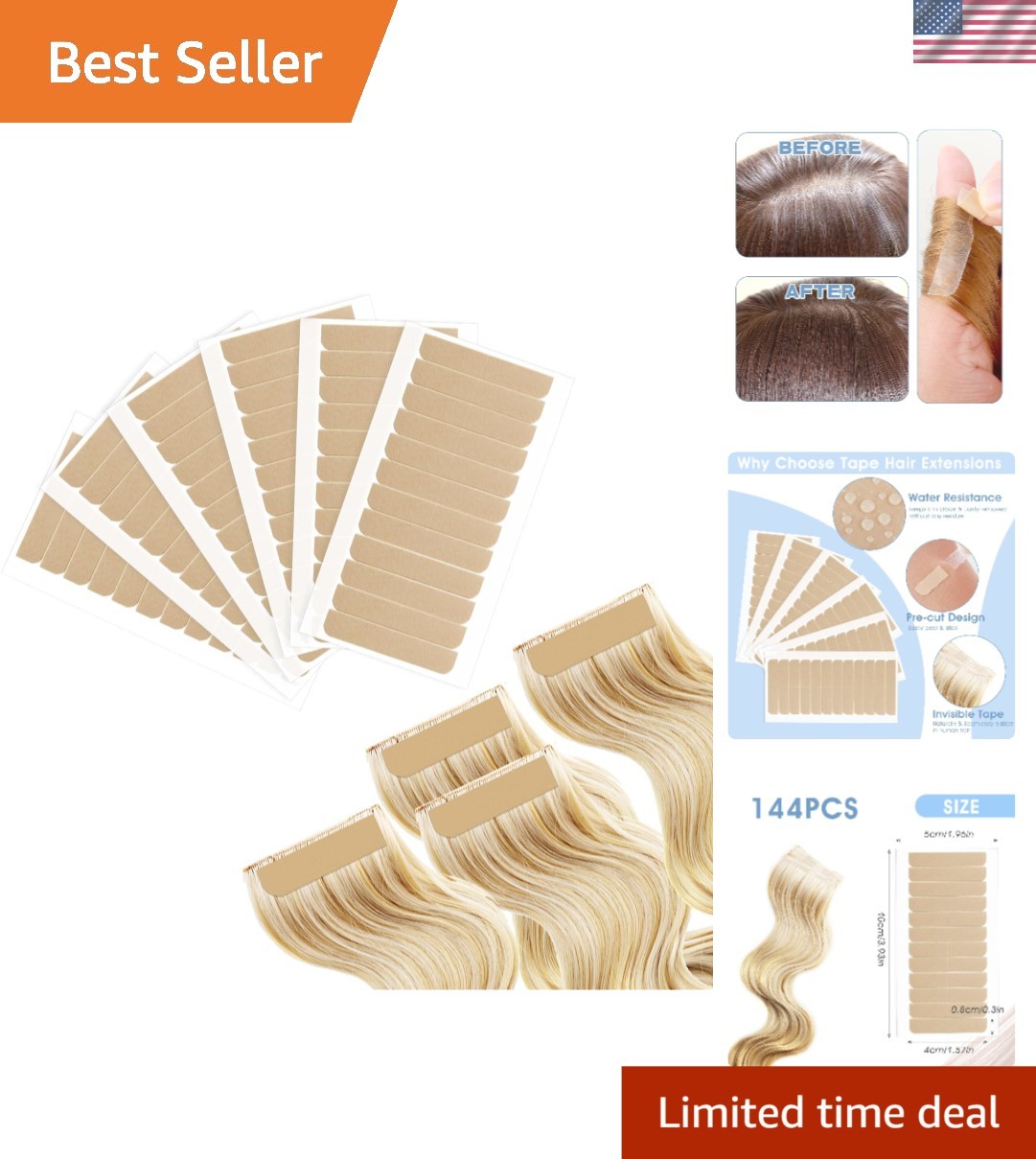 144PCS Double-Sided Hair Extension Tape Tabs: Waterproof, Invisible & Durable