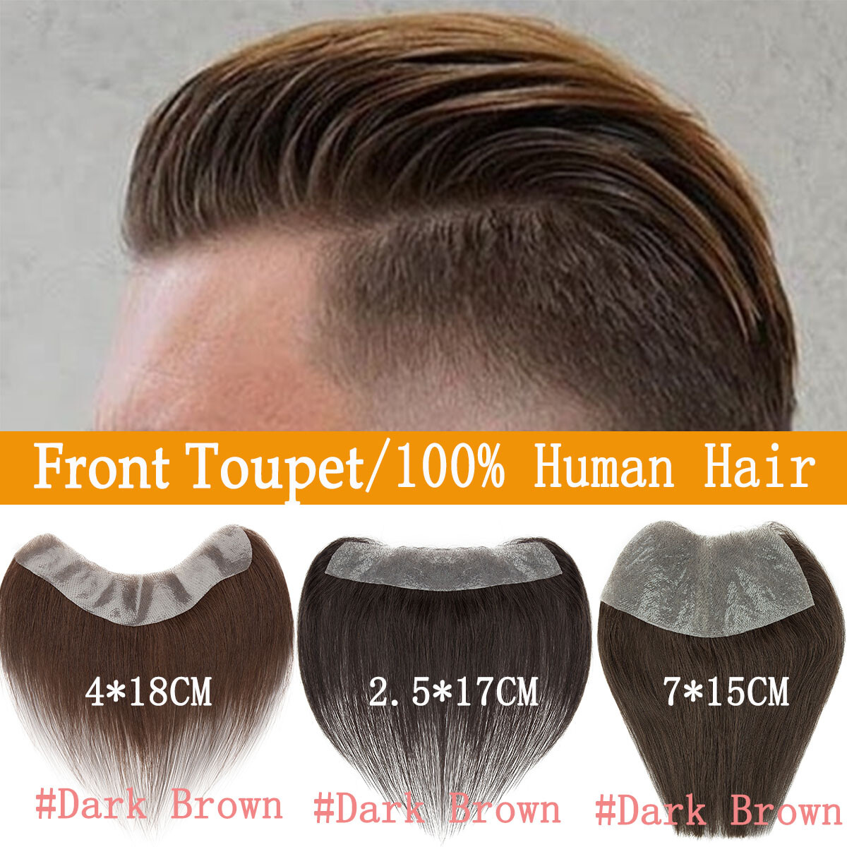 Front Toupet Mens Toupee Human Hair Replacement System PU Base Poly Hairpiece US