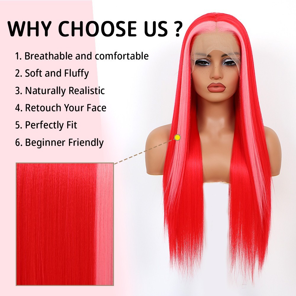 Long Straight Light Pink Highlights Red Color Hair Lace Front Wig Heat Resistant