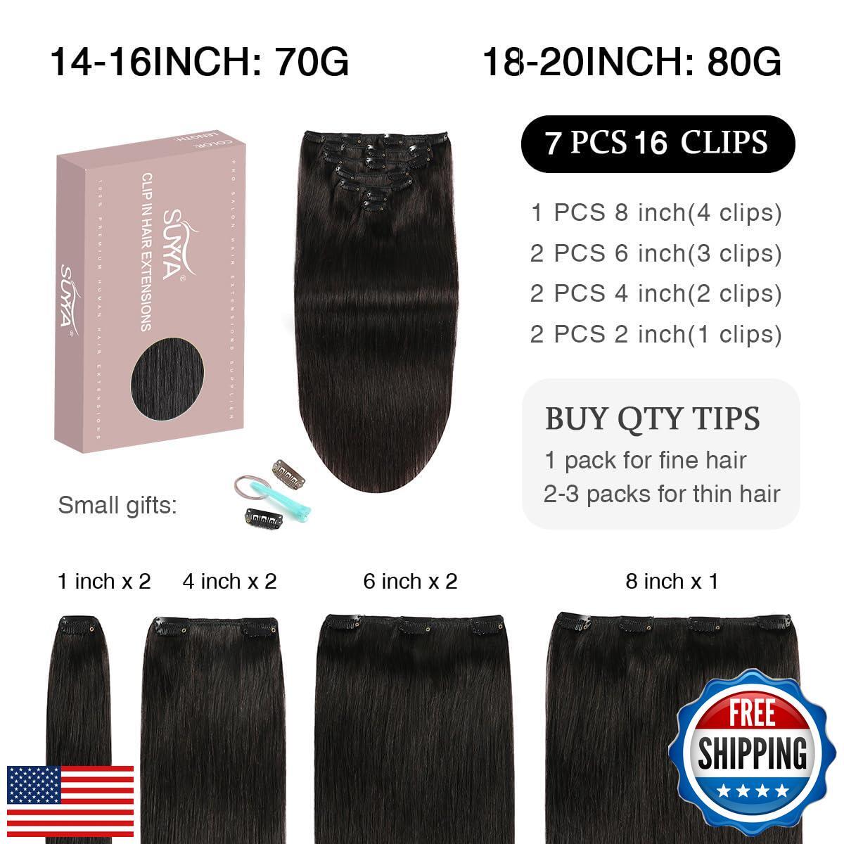 SUYYA Real Human Hair Clip in Extensions – 7 Pcs Straight Remy Human Hair Cli
