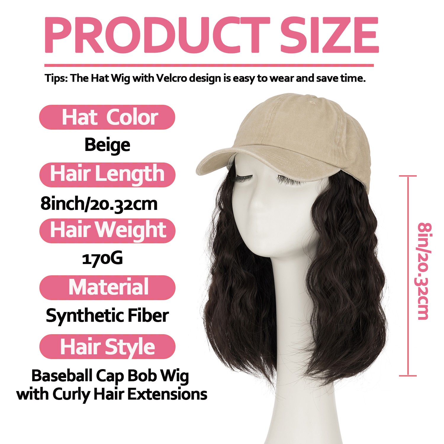 Instant Style 8″ Curly Wavy Cap Wig Adjustable Baseball Hat with Attached Hair M