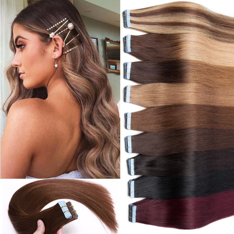 Ombre 100% Russian Tape In Real Human Hair Extensions Skin Wefts Thick Glue 100g