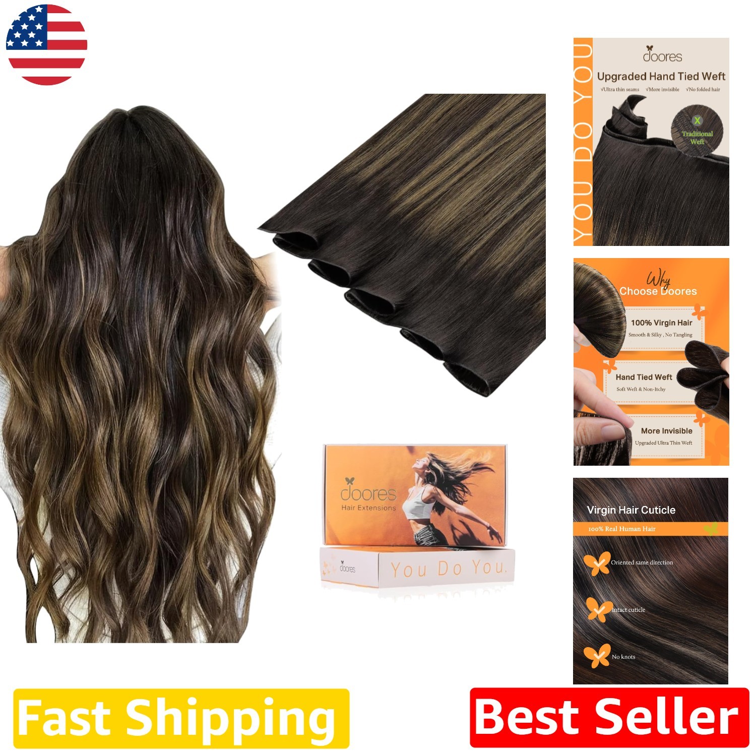 Invisible Weft Hair Extensions 60g 20 Inch Dark Brown to Chestnut Balayage