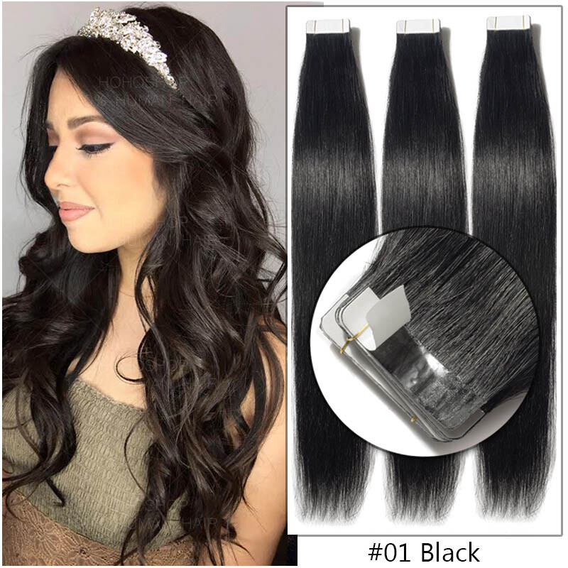 Straight Tape In 100% Remy Human Hair Extentions Full Head Black Brown Blonde 8A