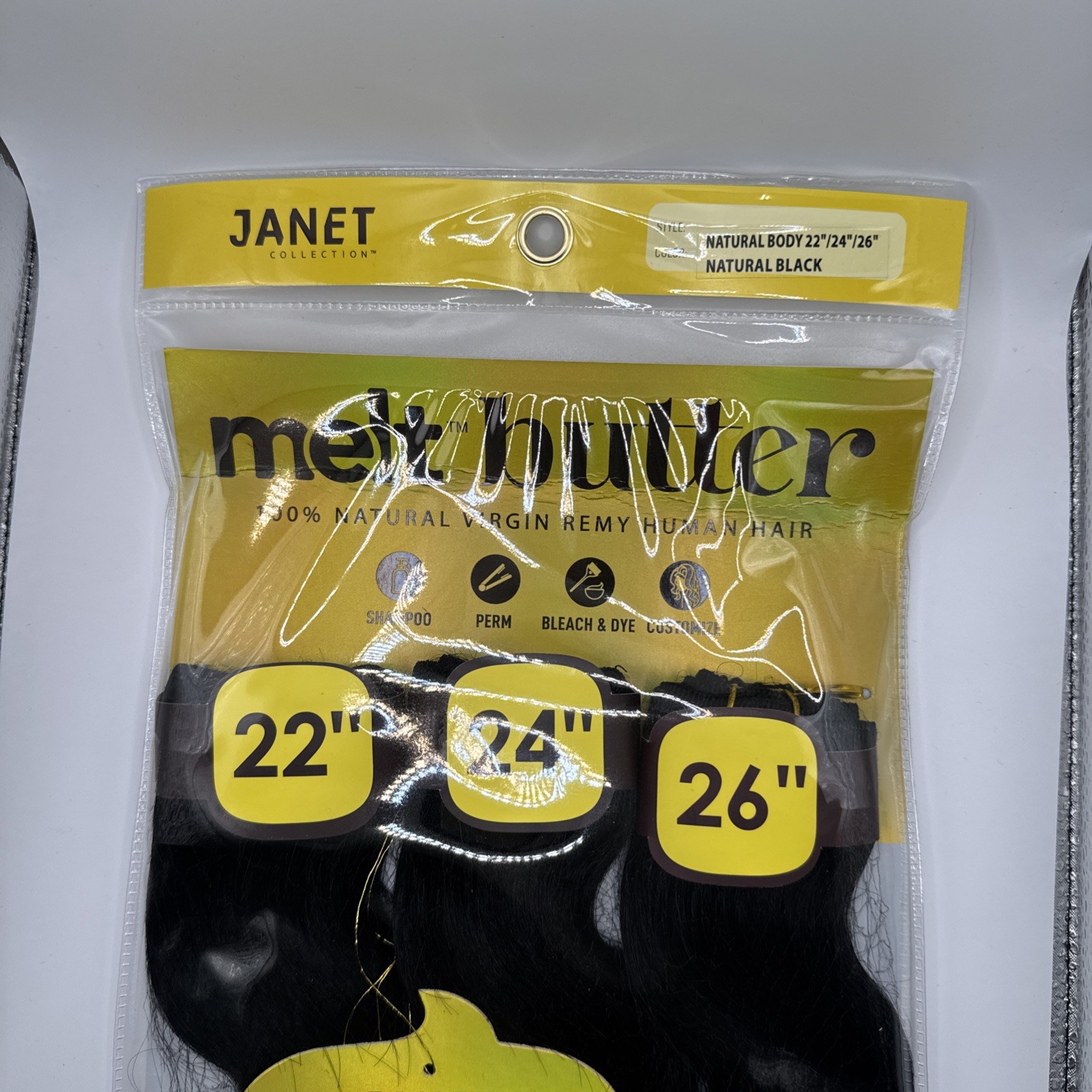 Janet Melt Butter 100% Natural Virgin Remy Human Hair 22” 24” 26” Natural Black