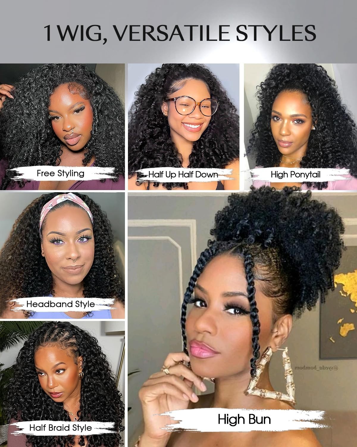 200% Density Curly Half Wig Human Hair – Glueless 3-in-1 Headband Wig 20
