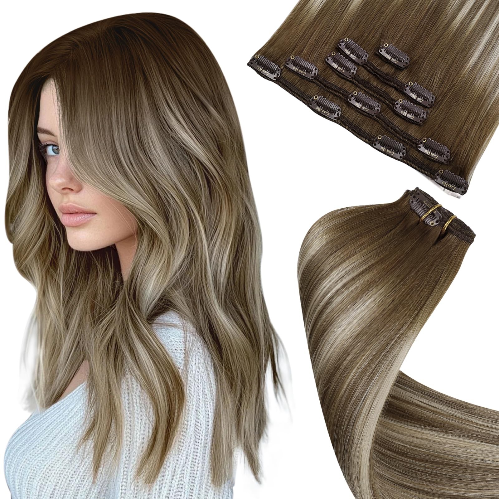 LaaVoo Ombre Clip-In Hair Extensions 18″ Dark to Light Balayage Blonde 80g