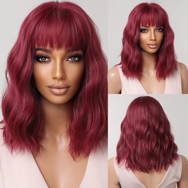 16in Burgundy Red Wig with Bangs Wavy Synthetic Wigs for Black Women Heat Safe