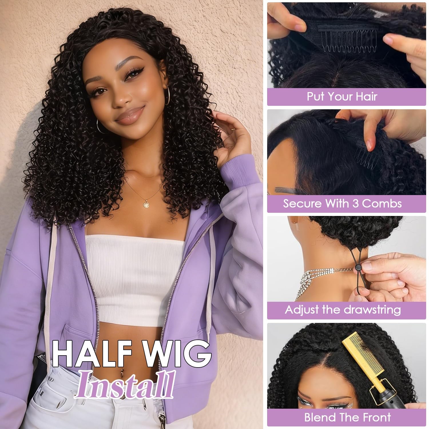 Kinky Curly Half Wig 22 Inch Natural Black – 3-in-1 Glueless Synthetic for Easy