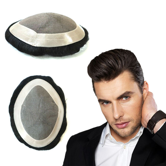 Natural Mens Toupee Human Hair Replacement System French Lace Skin Hairpiece #1B