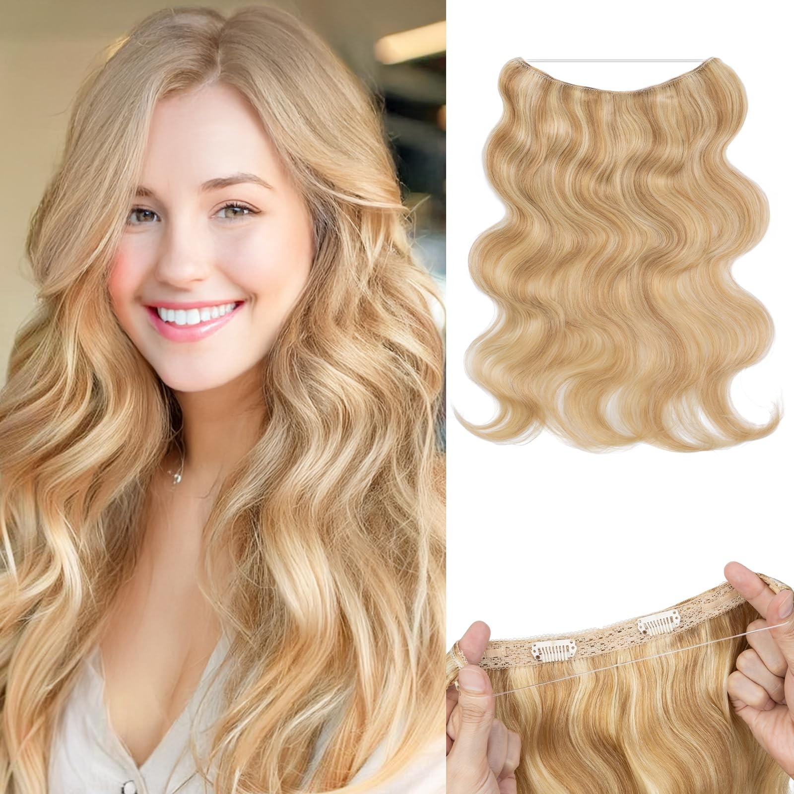 Sego Pro Halo Hair Extensions Real Human Hair Wavy Invisible Wire Hairpiece