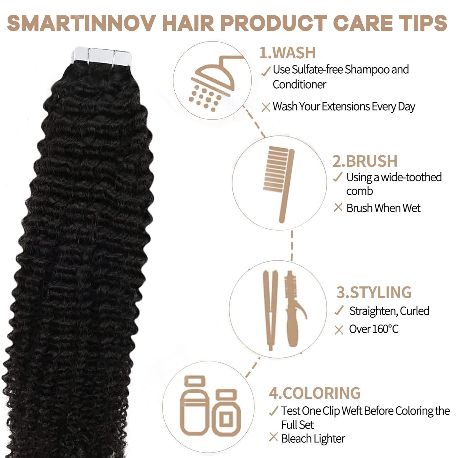Smartinnov 26 Inch Long Tape In Hair Extensions Human Hair Deep Curly Pu Tape