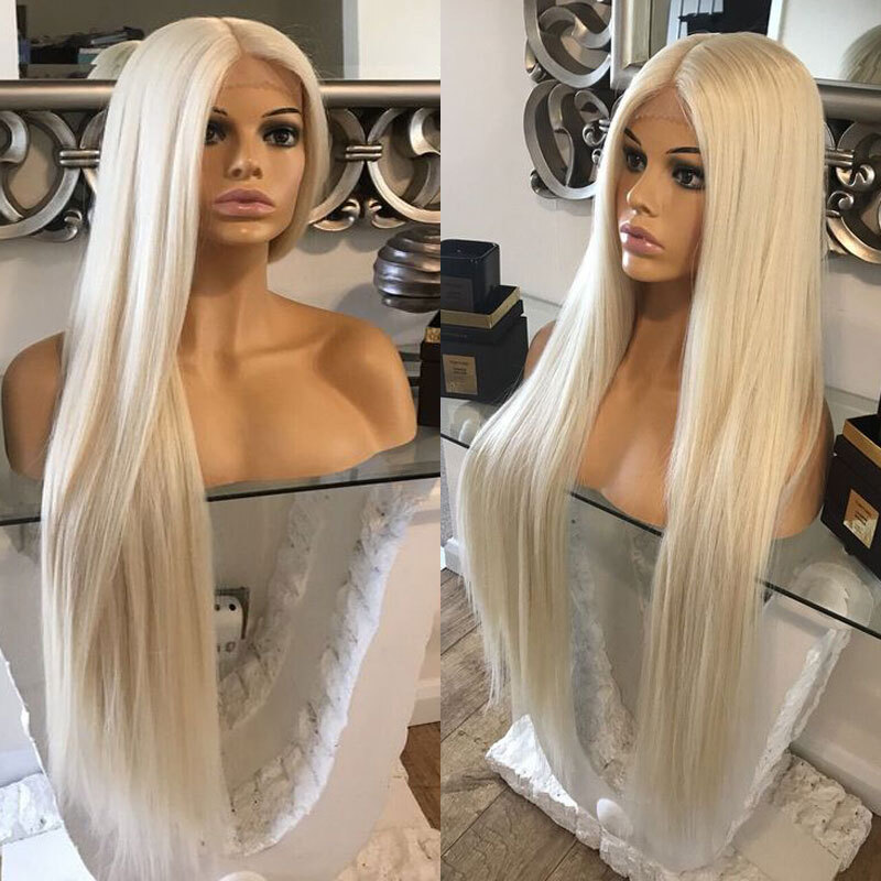 Lace Frontal Wigs Heat Resistant Synthetic Hair Long Straight Platinum blonde