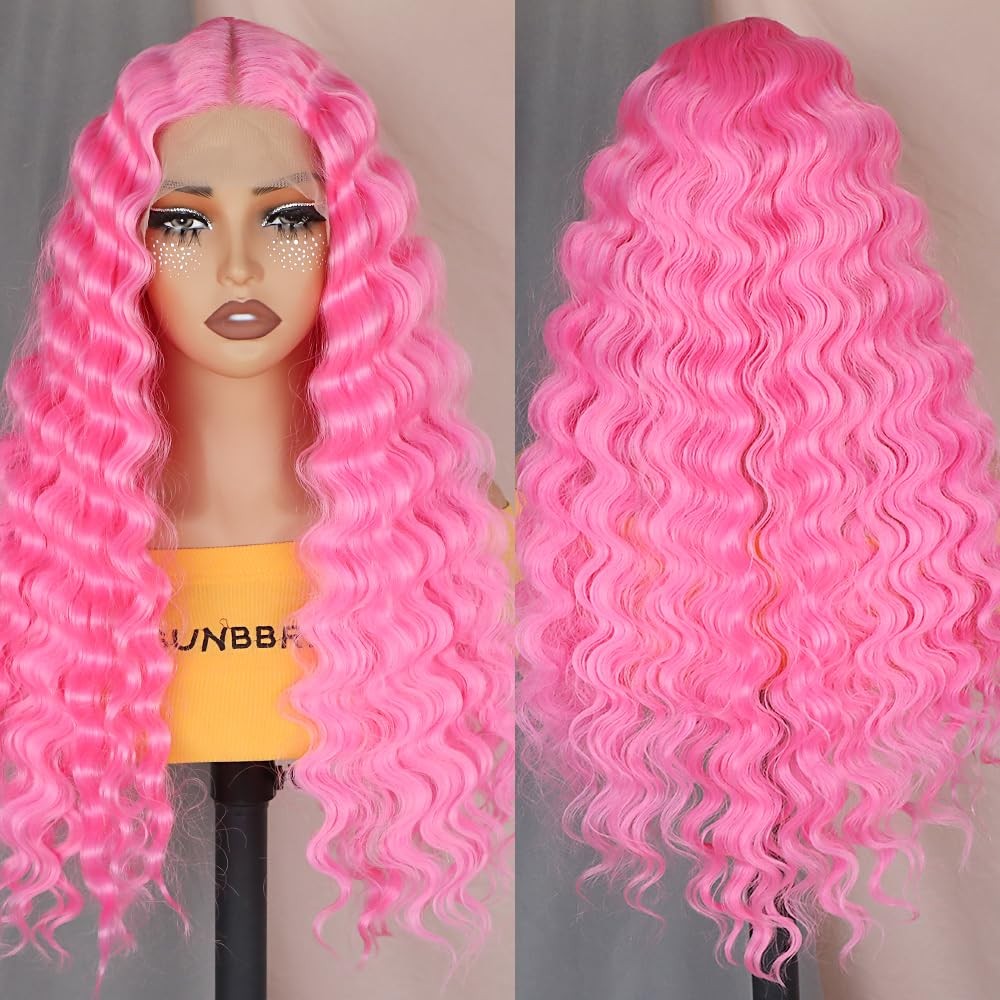Aubree Pastel Pink Deep Wave Lace Front Wigs Pink Long Kinky Curly Synthetic