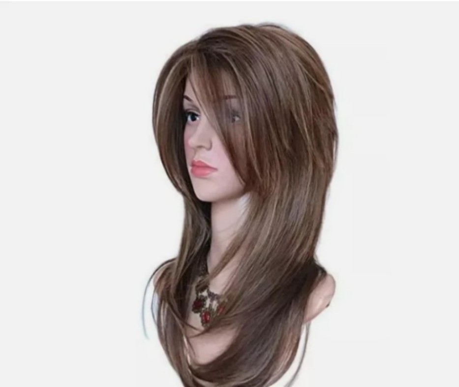Women Dark Brown w/Gold Highlight Ombre Shoulder Length Curly Hair Wig-&-*/