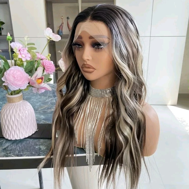 HD Lace Front Wig Human Hair Blend Highlights Wavy Curly Honey BROWN Blonde