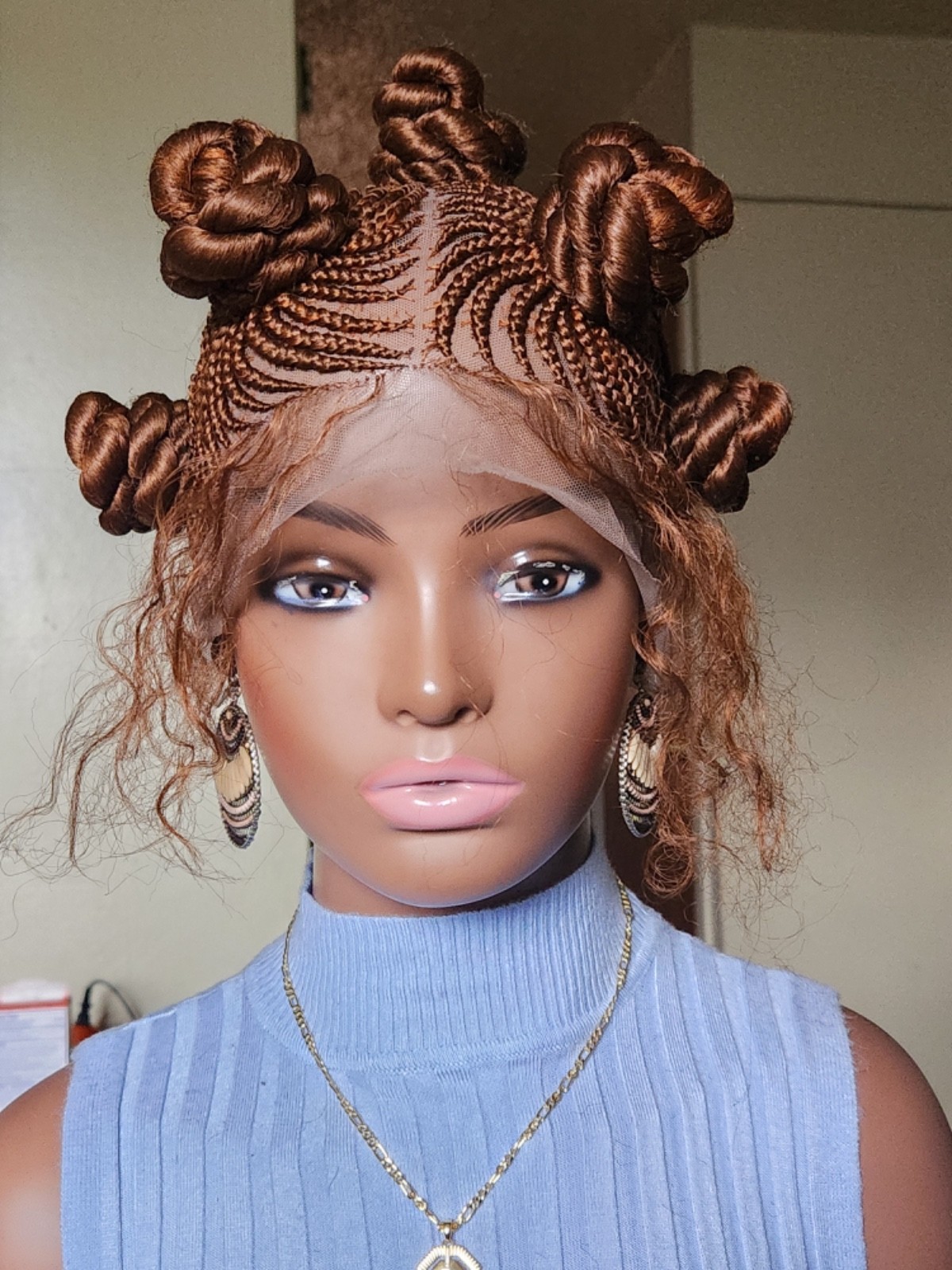 Handmade Bantu Knot Braided Full Lace Cornrow wig Brown
