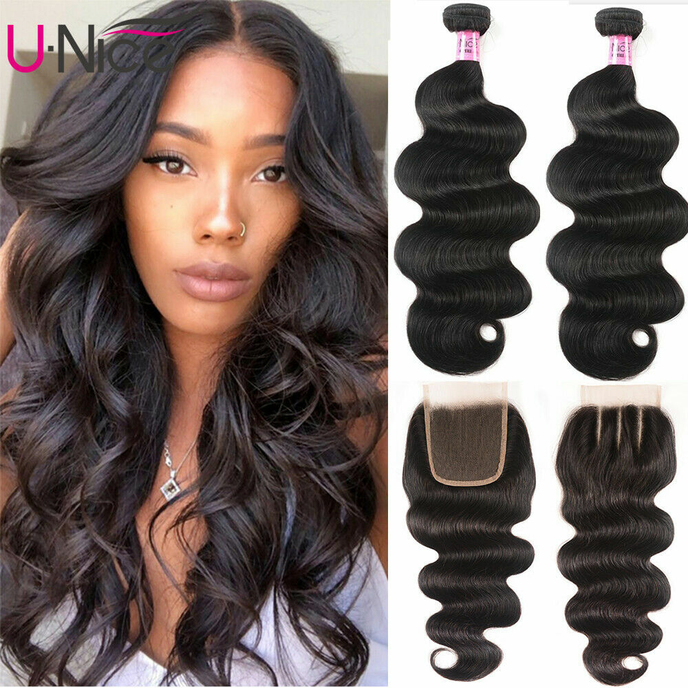 UNice Cambodian Body Wave Human Hair Weave 2 Bundles With Lace Closure Extension